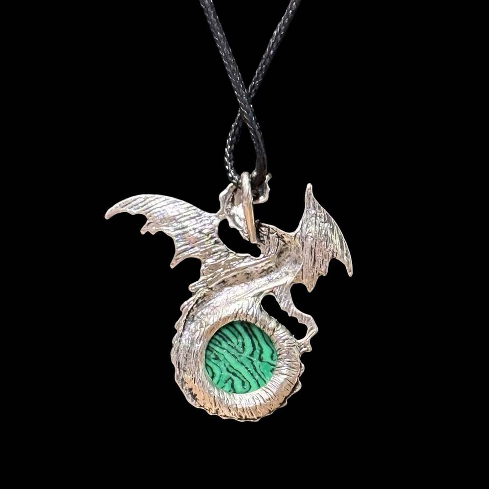 Malachite Dragon Pendant Black Cord Necklace - Picture 2 of 3